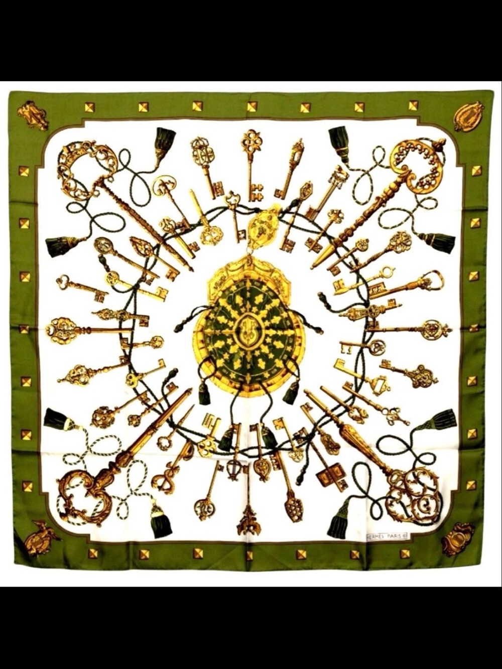 Hermes Olive Green White Gold Key Motif Silk Scarf